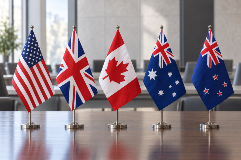 Five desk flags representing the United States, United Kingdom, Canada, Australia and New Zealand in a conceptual Five Eyes alliance arrangement.