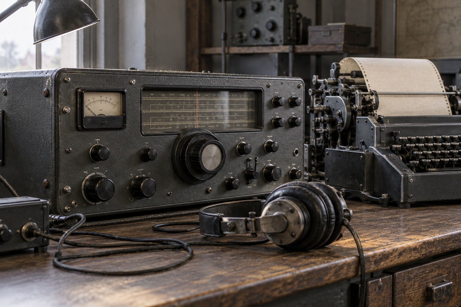 Reconstructed mid-century radio receiver, headphones and teleprinter illustrating the signals-intelligence background of allied cooperation.
