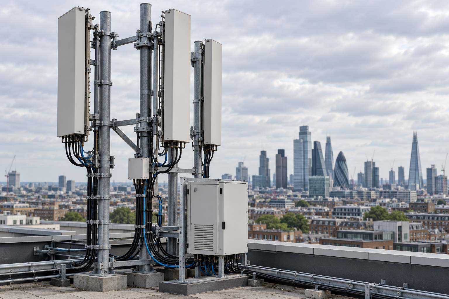 Conceptual rooftop mobile-network antennas, connected cabling and equipment illustrating telecommunications vendor-security decisions.
