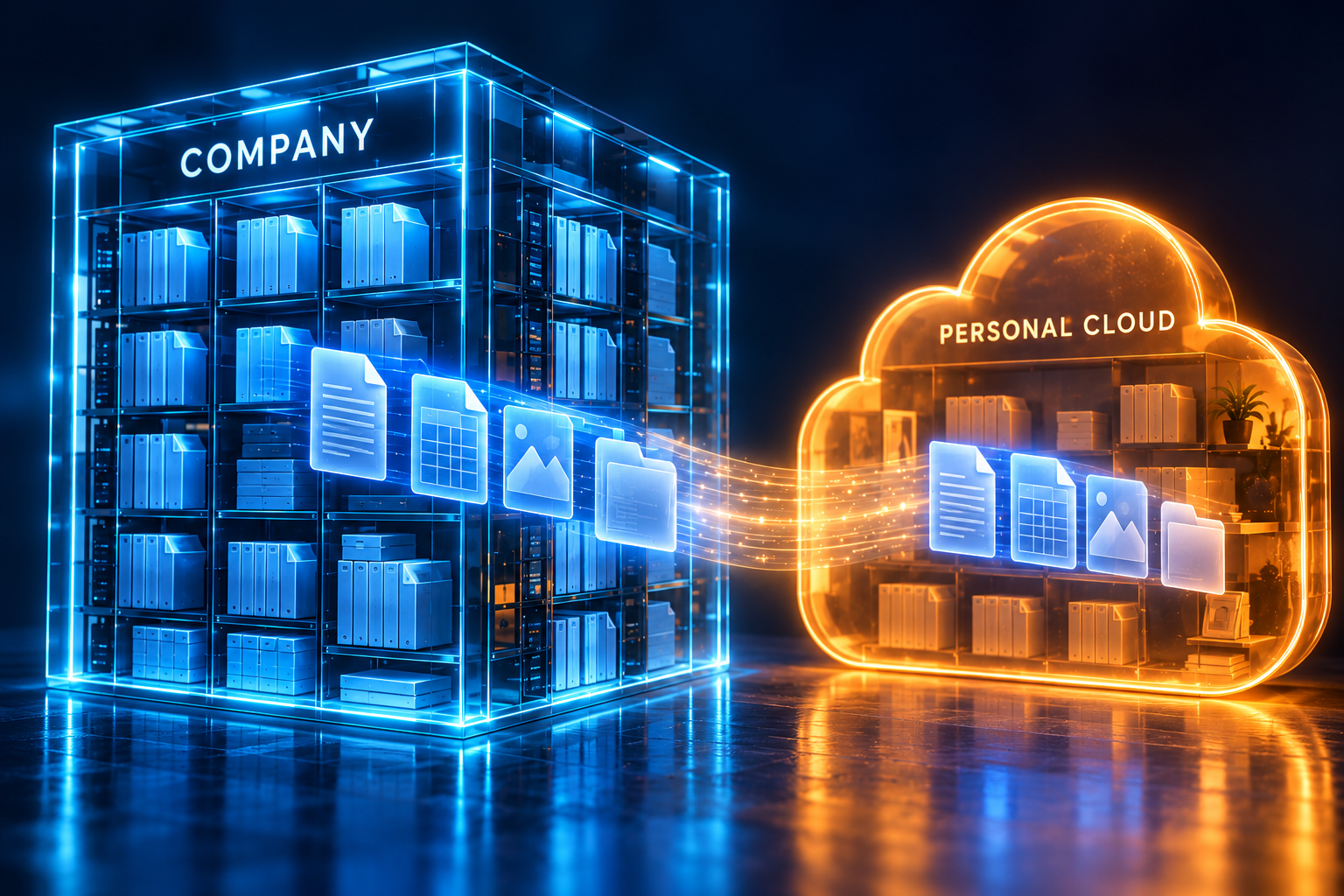 Concept illustration of files copied from a company storage space into a separate personal cloud account.