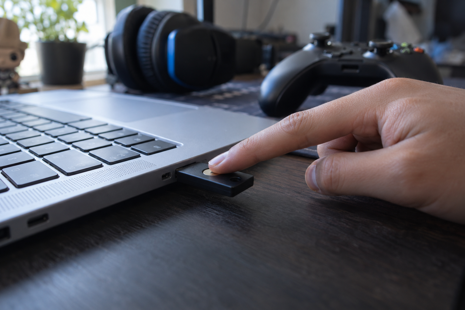 A fingertip touches the gold contact of a hardware security key inserted into a laptop beside a gaming controller and headset.