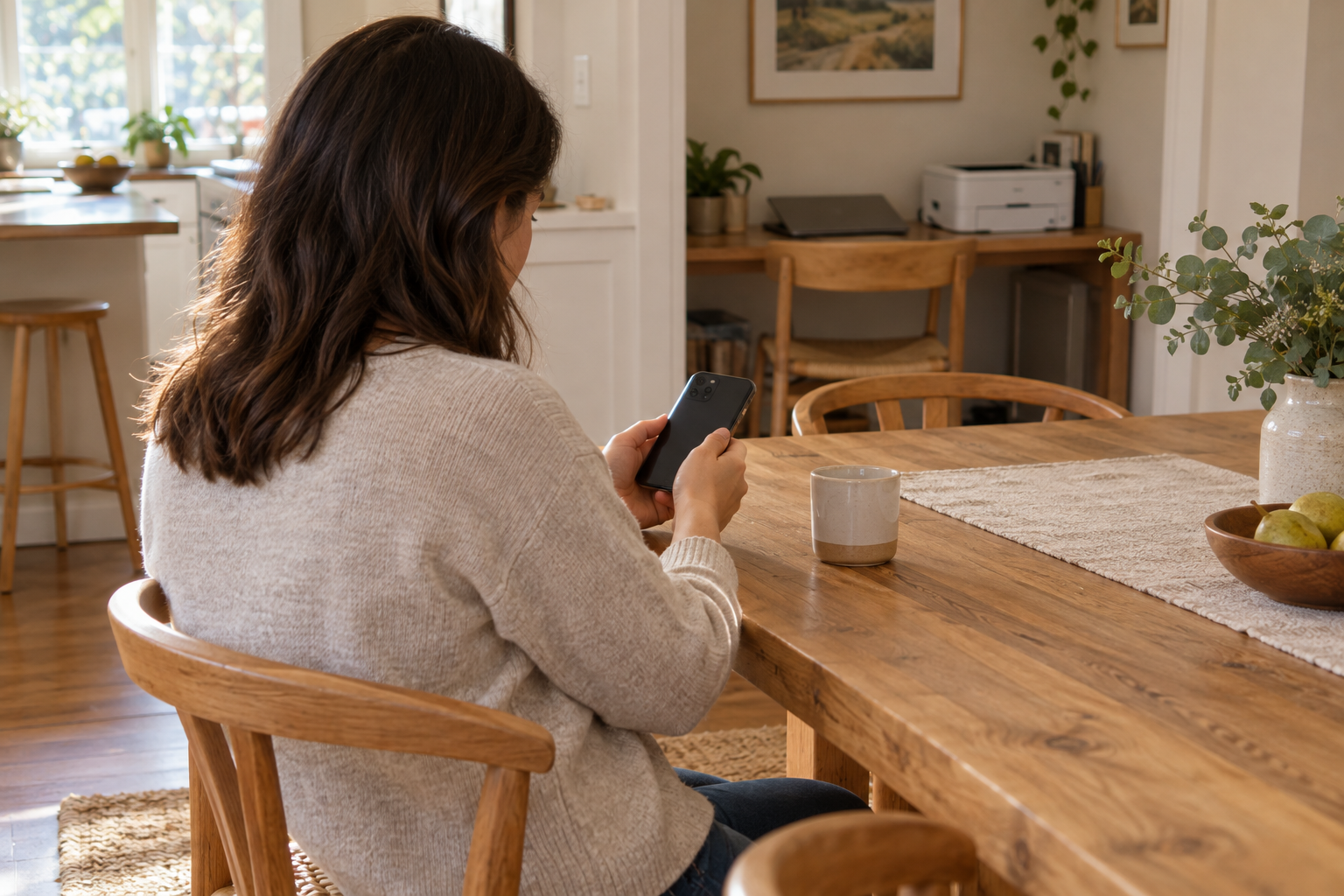 Visitor using a smartphone at a kitchen table with a printer and closed laptop in the home office beyond.