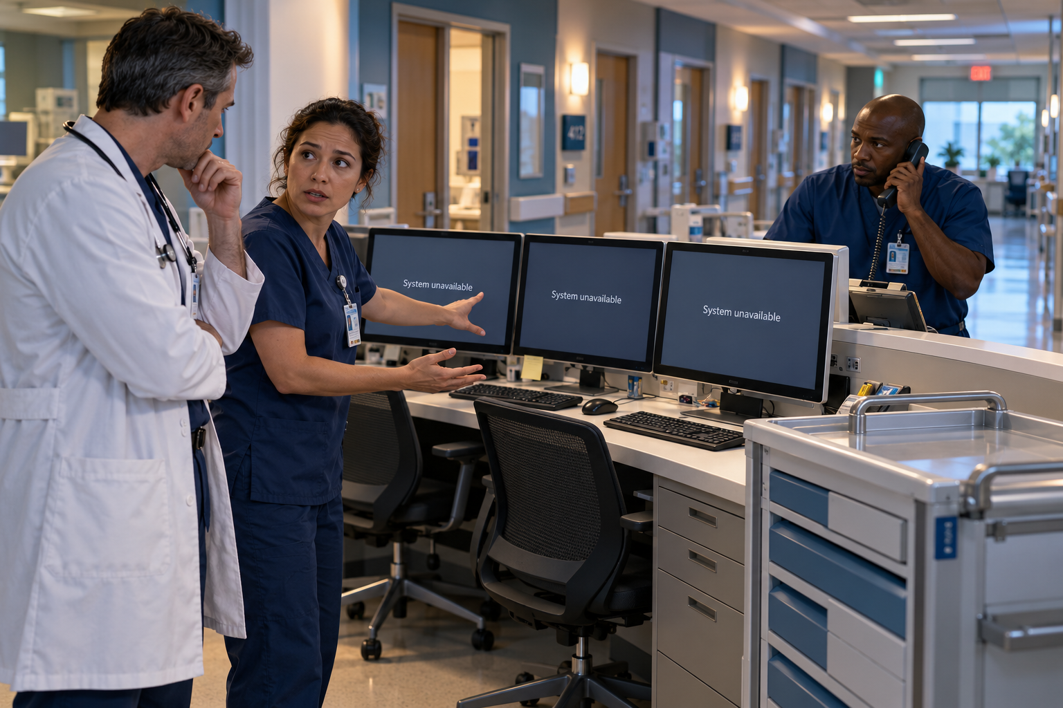 AI-generated illustration of hospital cybersecurity downtime: three workstations are unavailable while clinicians coordinate the interrupted workflow.