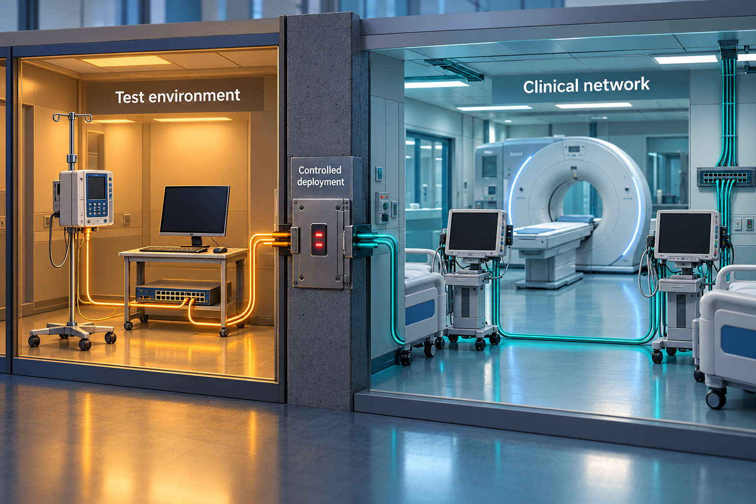 Conceptual cutaway of separate hospital test and clinical networks, with a software-update route contained inside the test environment.