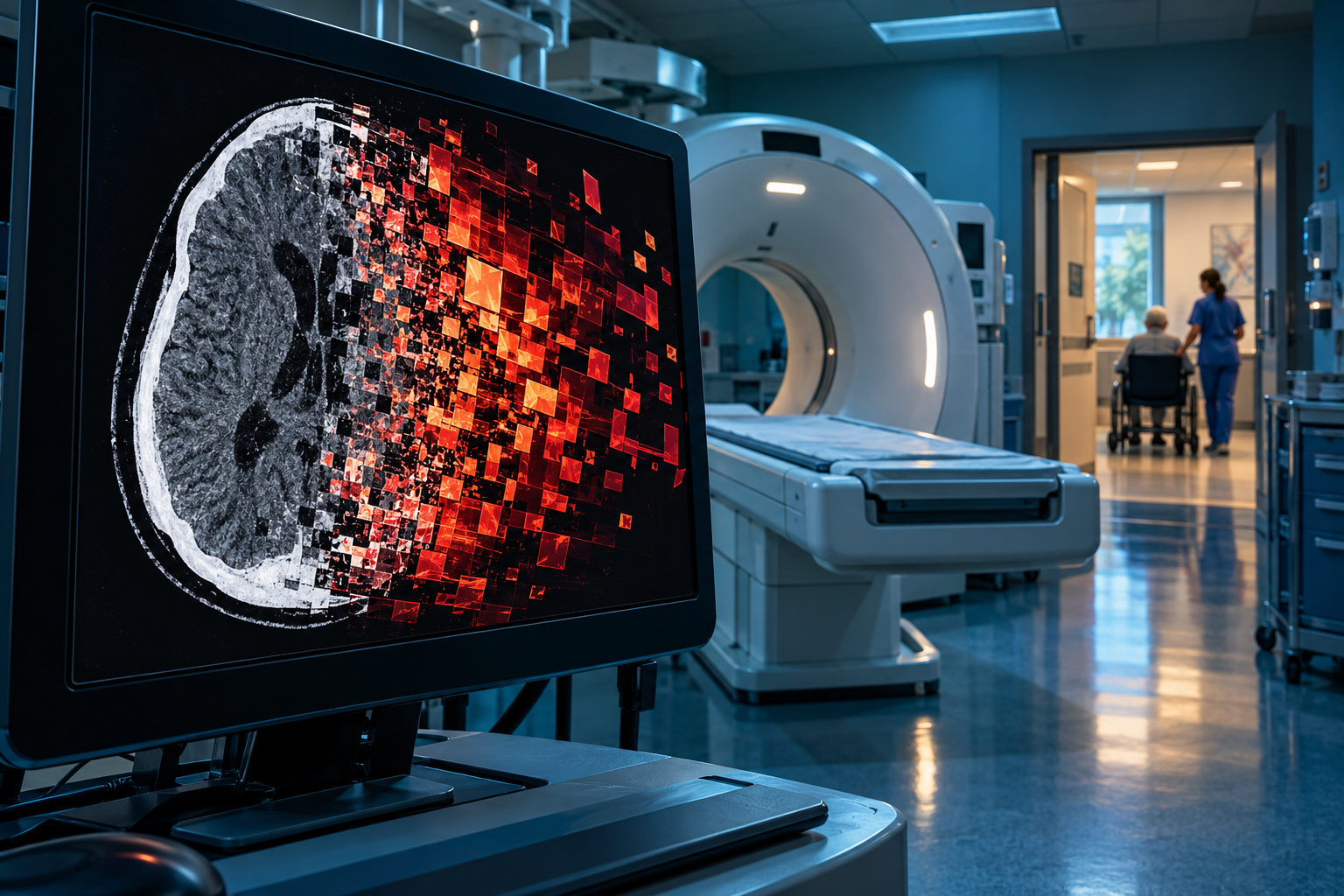 Conceptual editorial illustration of a hospital scan disrupted by encrypted data, with an idle CT scanner and waiting care behind it.