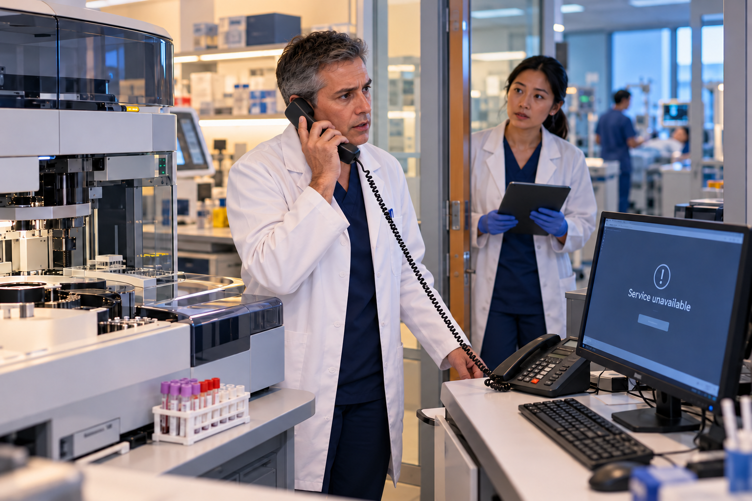 AI-generated illustration of a laboratory professional using a hospital phone beside an unavailable workstation and specimen analyzer.