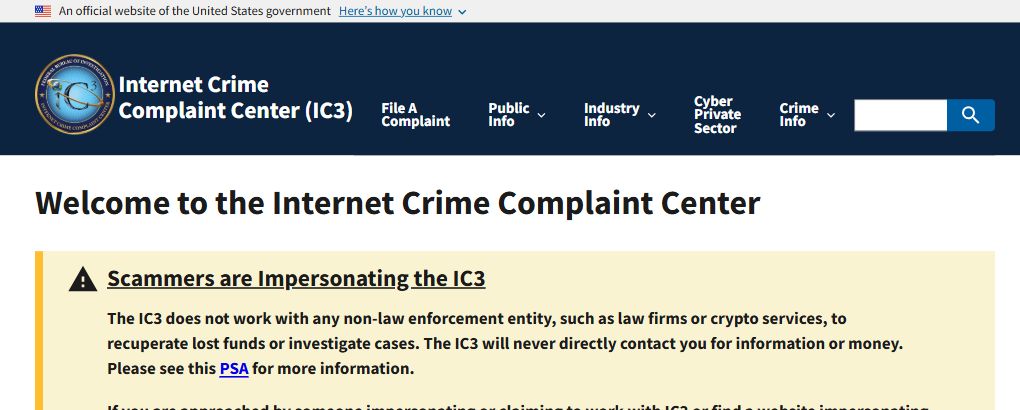Top of the FBI's IC3 website, showing its official-government banner, complaint navigation and impersonation warning.