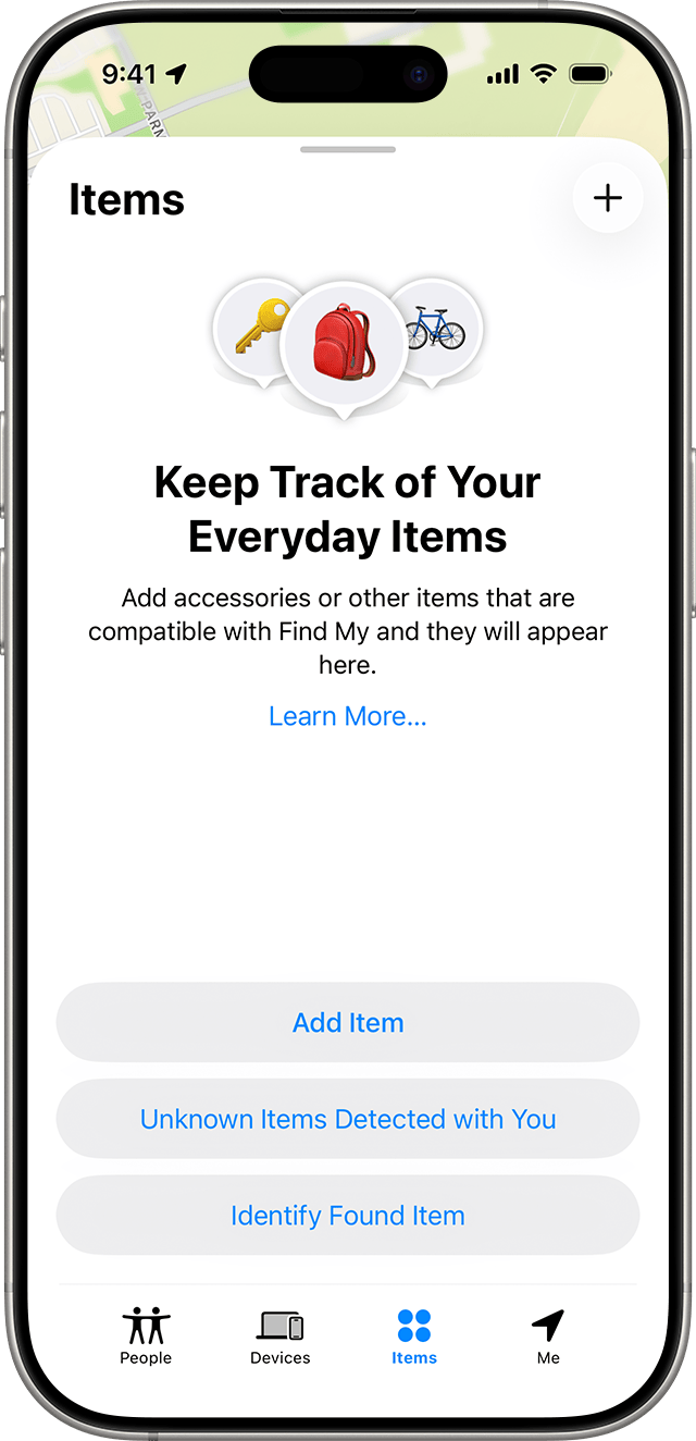 Apple's Find My Items screen with an Unknown Items Detected with You option.