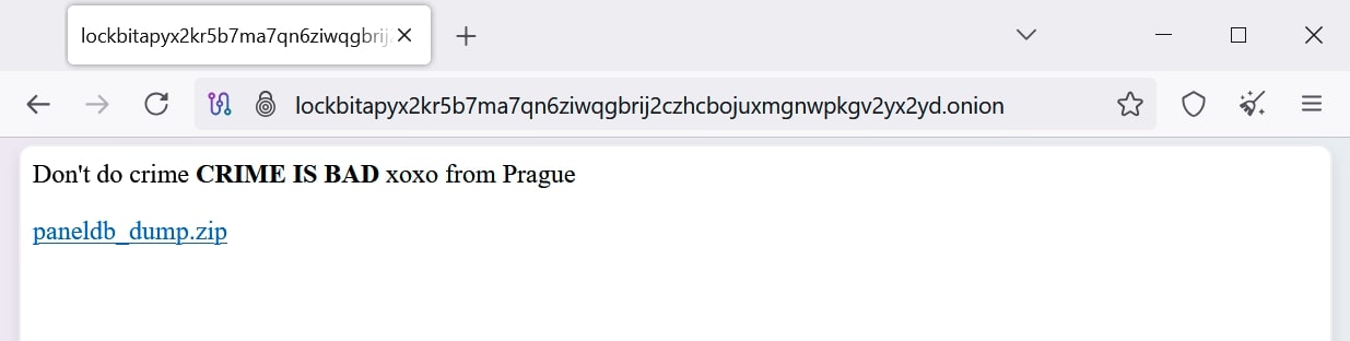 Public screenshot of the May 2025 LockBit ransomware hack showing the affiliate-panel defacement message and archive filename.
