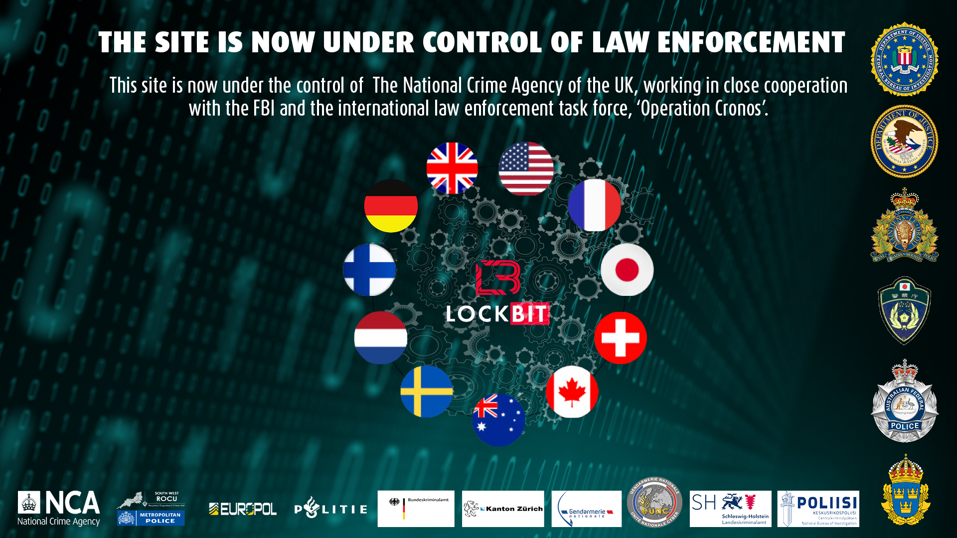 Operation Cronos seizure banner stating that LockBit's site is under law-enforcement control, with participating countries and agencies.