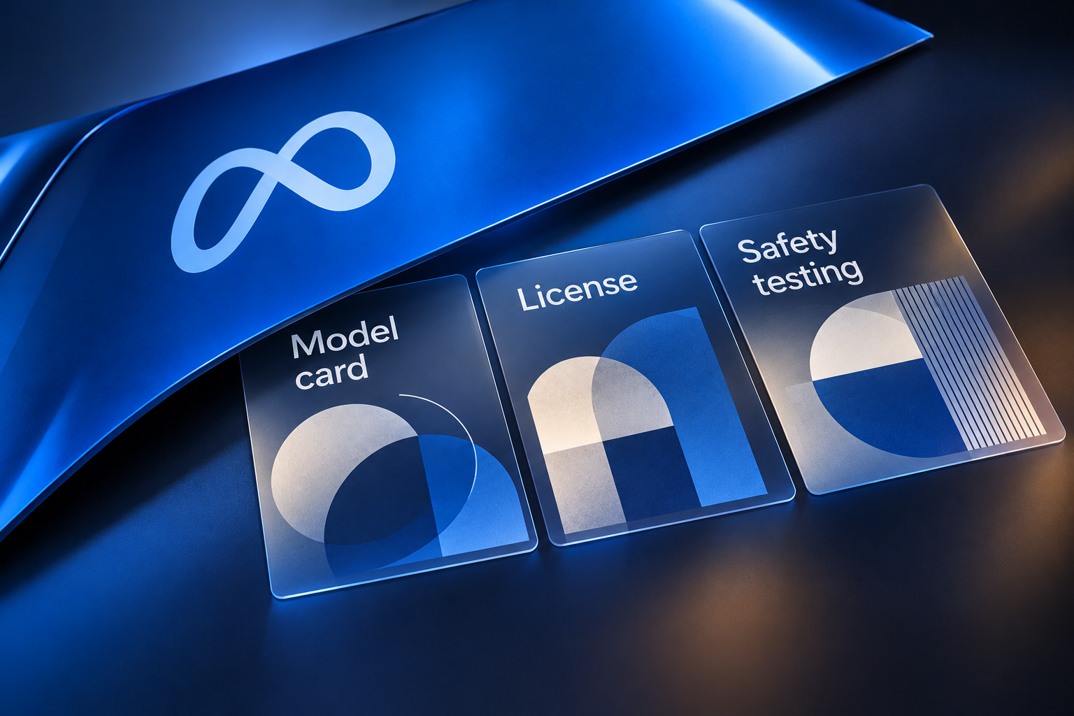 Editorial collage of a blue Meta brand layer lifted aside to reveal digital publication tiles labeled Model card, License and Safety testing.