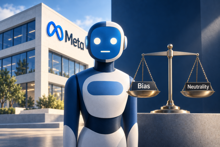 Editorial illustration of the Meta AI controversy, with a blue AI figure outside a Meta-branded building beside scales labeled Bias and Neutrality.
