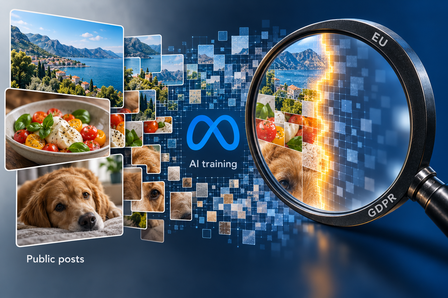 Editorial collage of public landscape, food and dog photos becoming digital tiles beside a Meta symbol and AI training label, with a lens marked EU and GDPR examining the reuse boundary.
