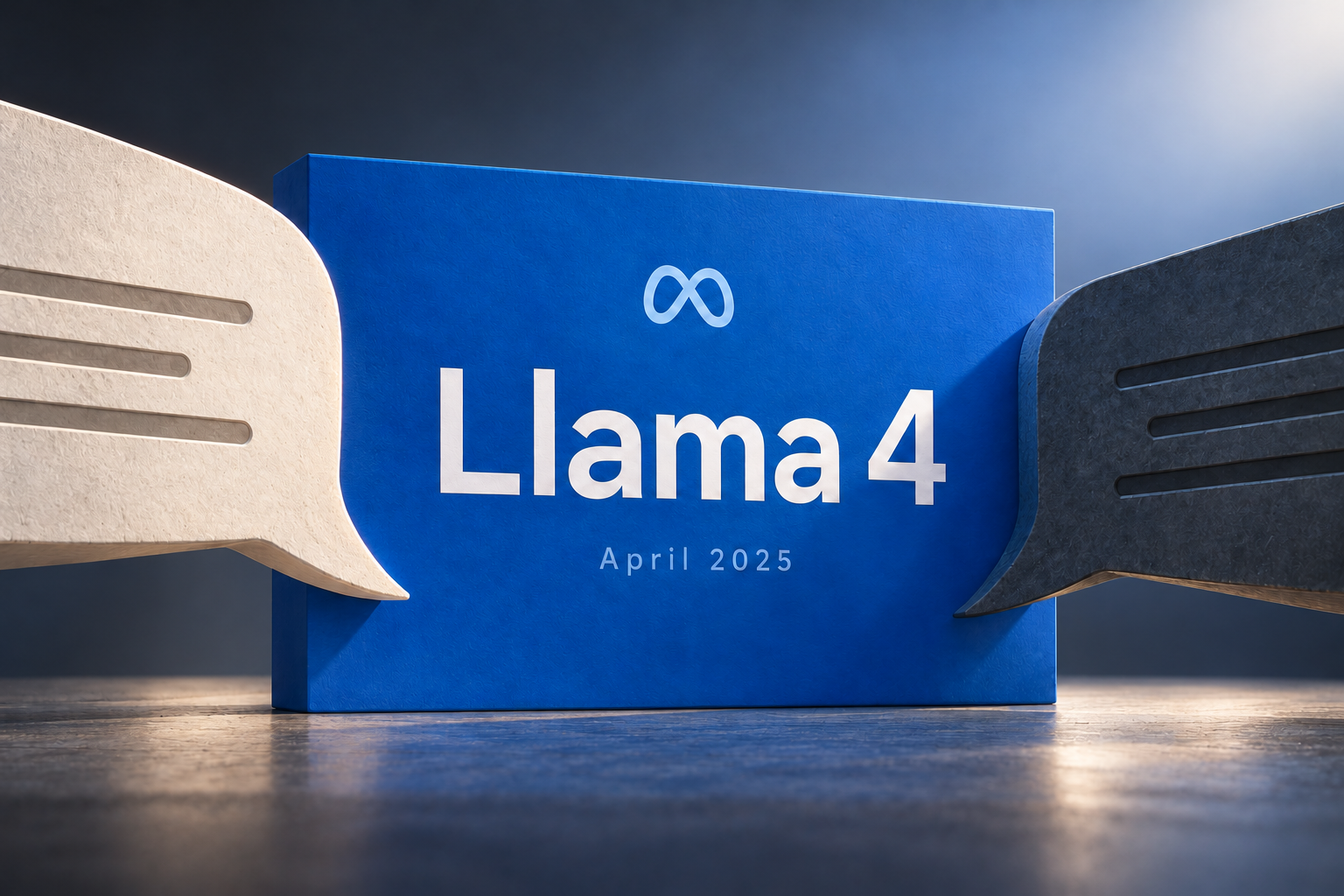Dimensional editorial artwork showing Llama 4 and April 2025 on a blue panel between opposing light and dark speech forms, beneath a Meta infinity symbol.