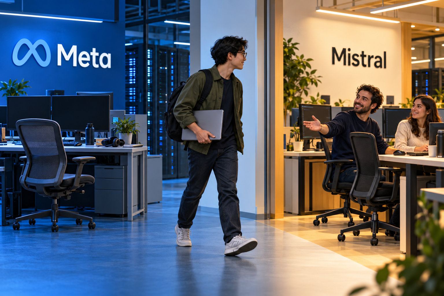 Editorial illustration of a researcher leaving an empty workstation beneath the Meta name and walking toward a welcoming team in a Mistral-branded lab.