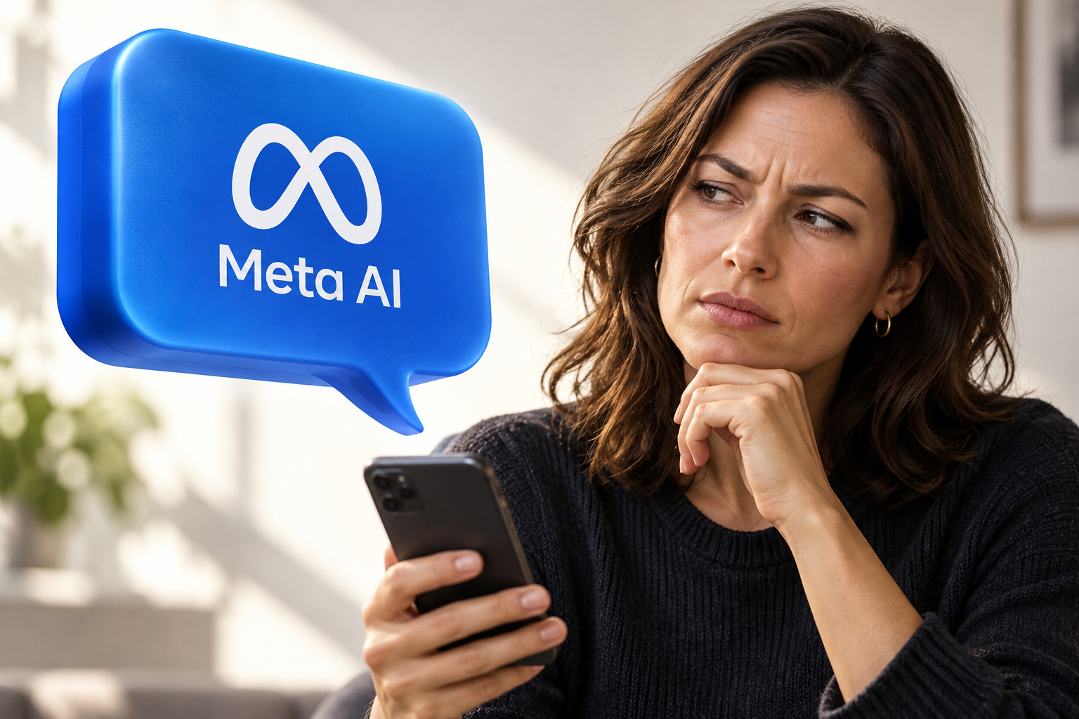 Editorial composite of a skeptical woman holding a phone and looking toward a blue Meta AI conversation bubble.