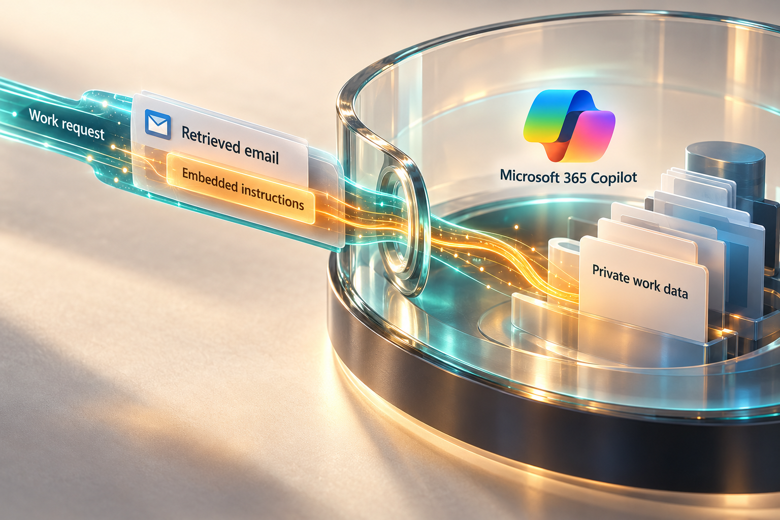 Conceptual illustration of a retrieved email carrying embedded instructions into a glass work-context chamber labeled Microsoft 365 Copilot, with an amber path approaching private work data.