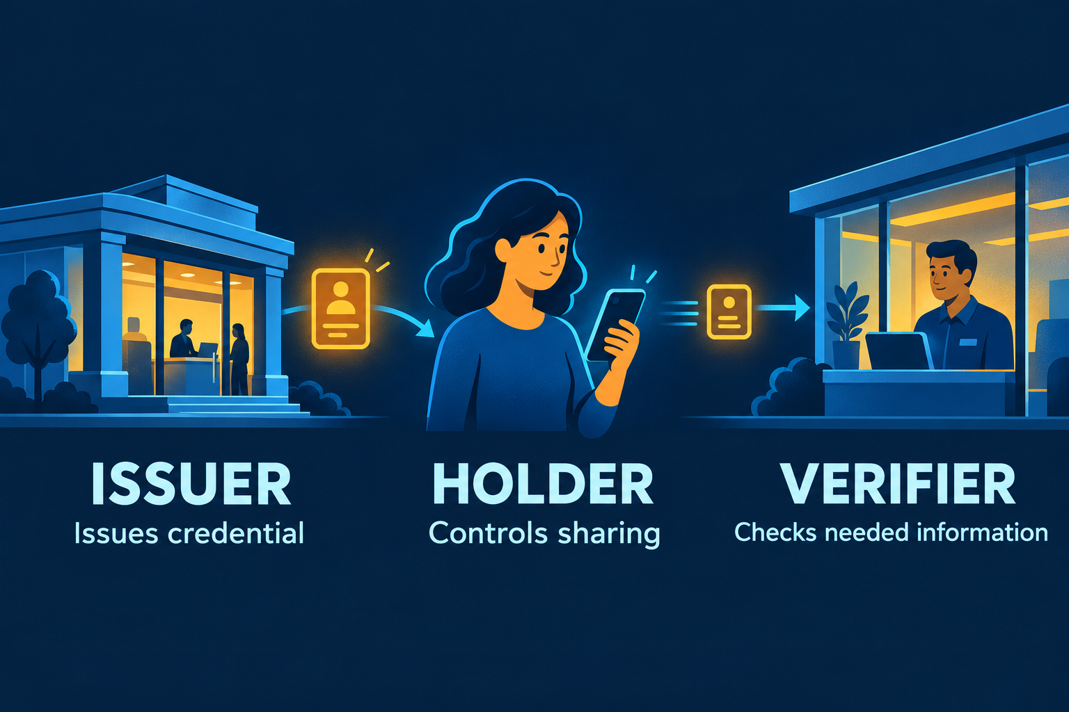 Illustration separating an issuer that issues a credential, its holder who controls sharing, and a verifier that checks needed information.