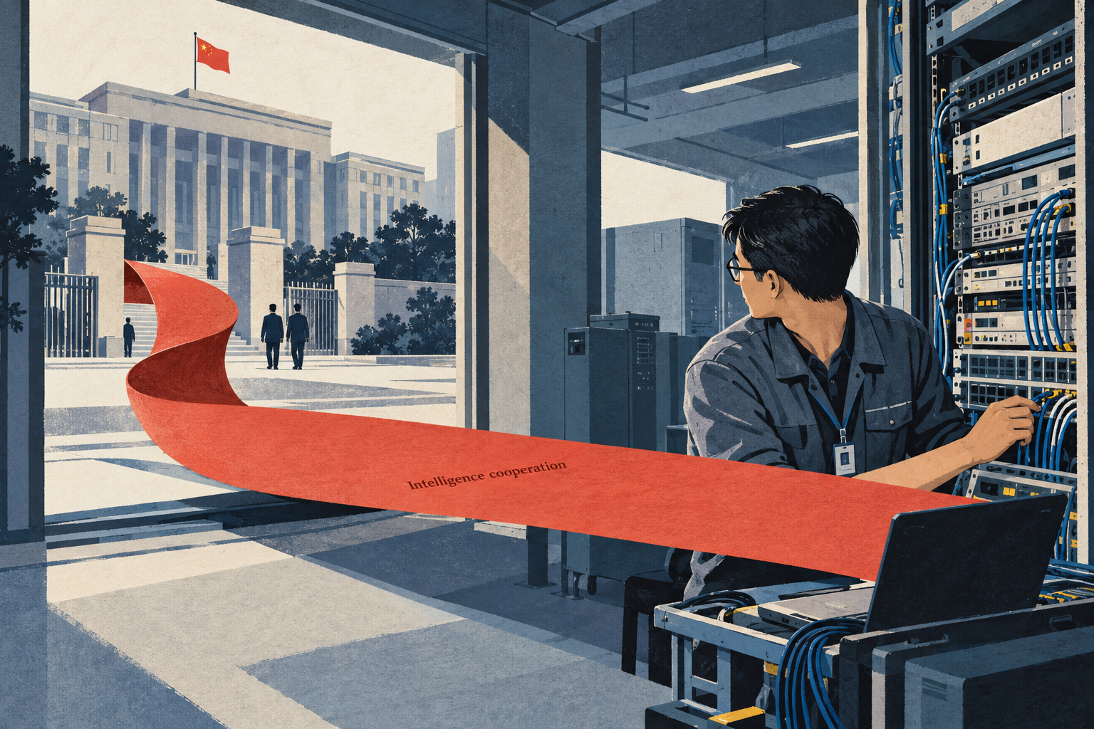 Editorial drawing of a telecom engineer beside network equipment as a red paper marked Intelligence cooperation extends from a Chinese state institution into the workplace.