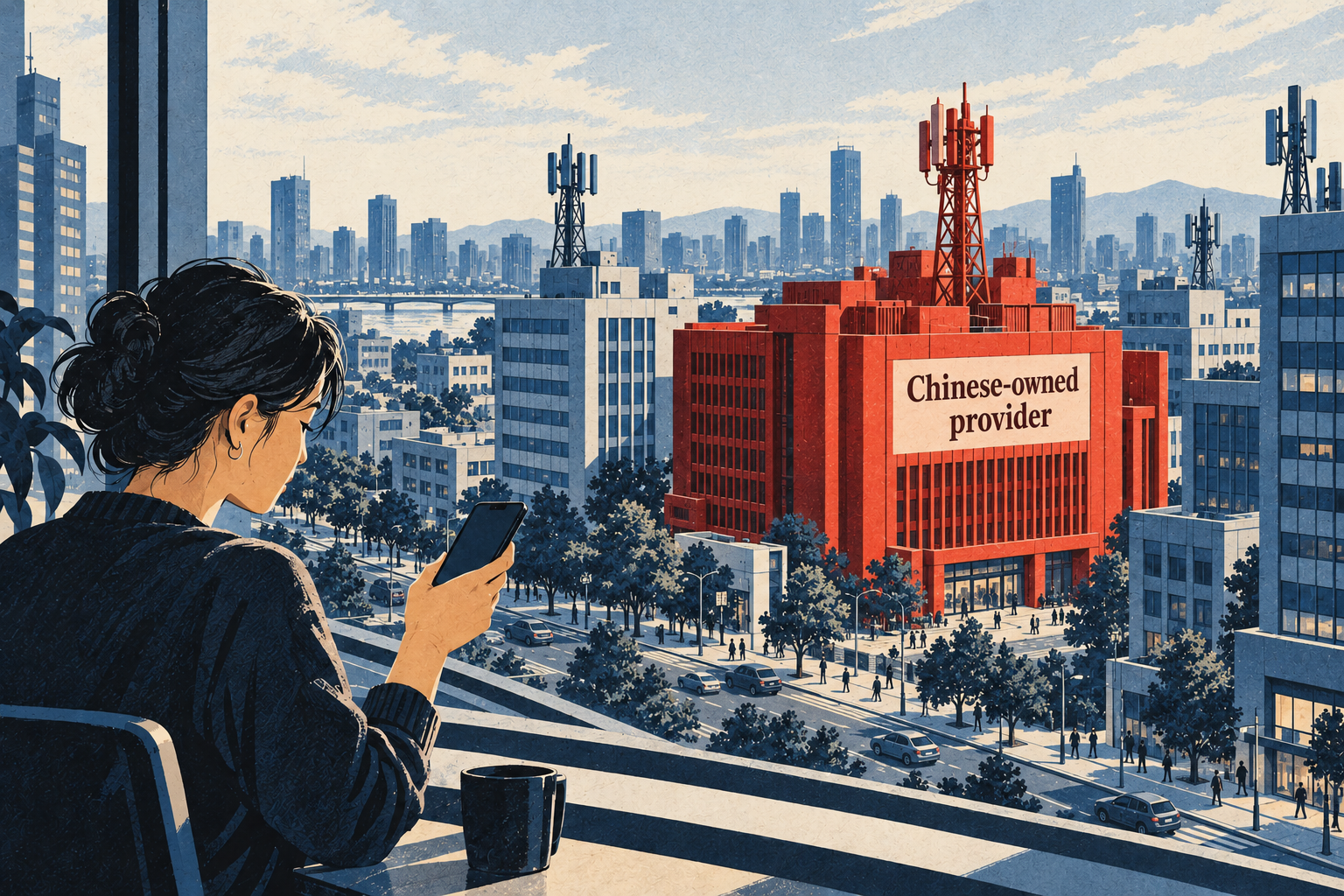 Editorial illustration of mobile data privacy risks, with a woman using her phone and a red Chinese-owned provider building standing at street level among blue city buildings.