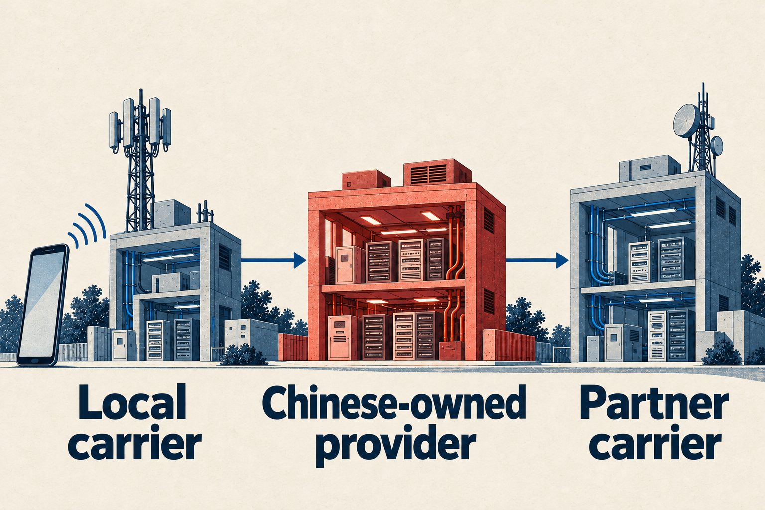 Ink-and-paper drawing of a local carrier connected through a Chinese-owned provider to a partner carrier, with three large stacked labels and grounded telecom cutaways.