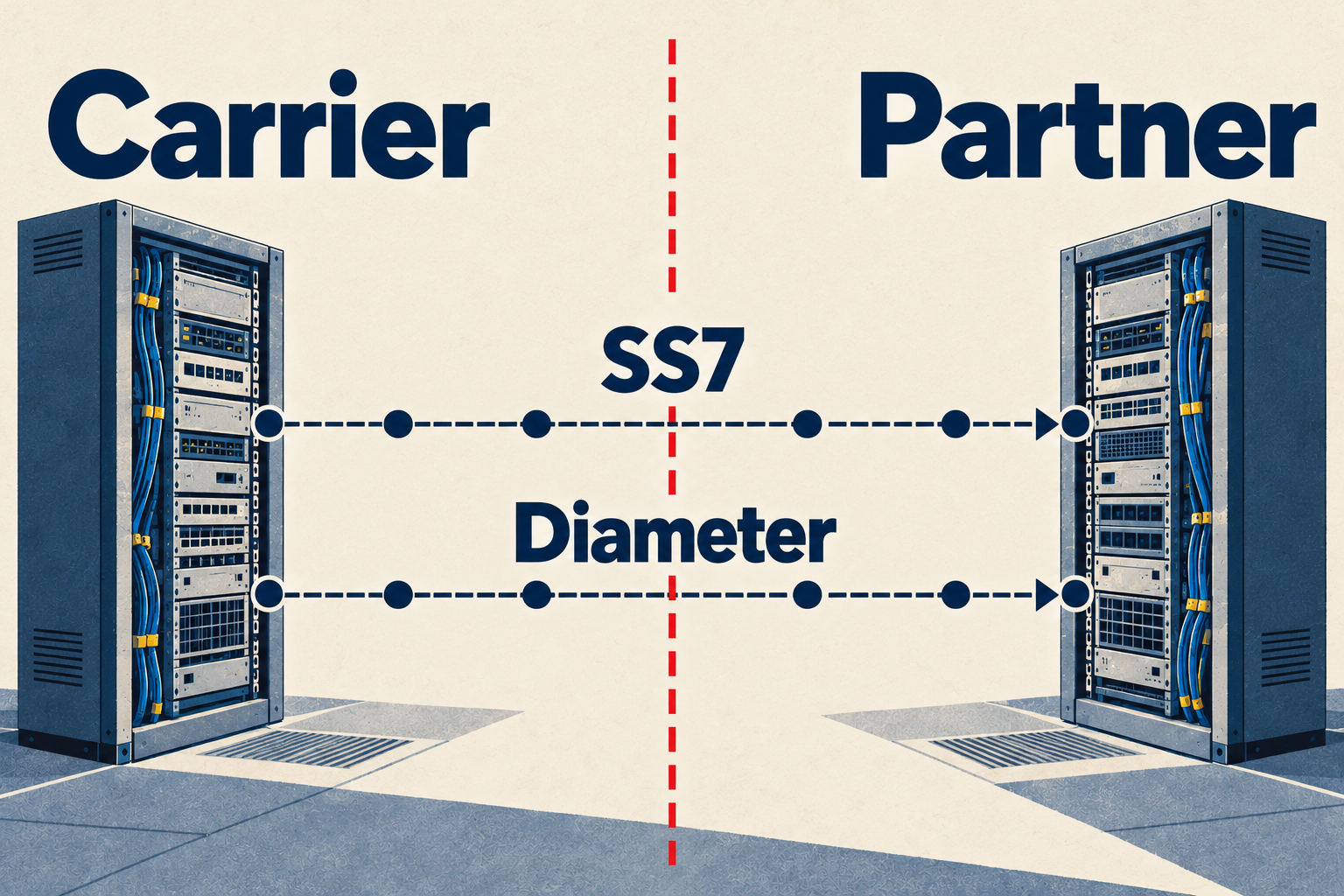 Ink-and-paper diagram of two telecom racks labeled Carrier and Partner, with large SS7 and Diameter labels above plain request paths crossing a red dashed organizational boundary.