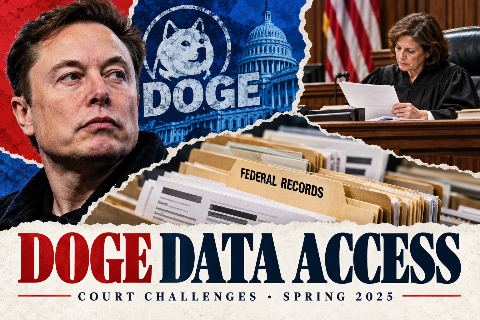 Editorial collage of Elon Musk, a DOGE graphic, federal record folders and a judge, with the headline DOGE Data Access and Court Challenges · Spring 2025.
