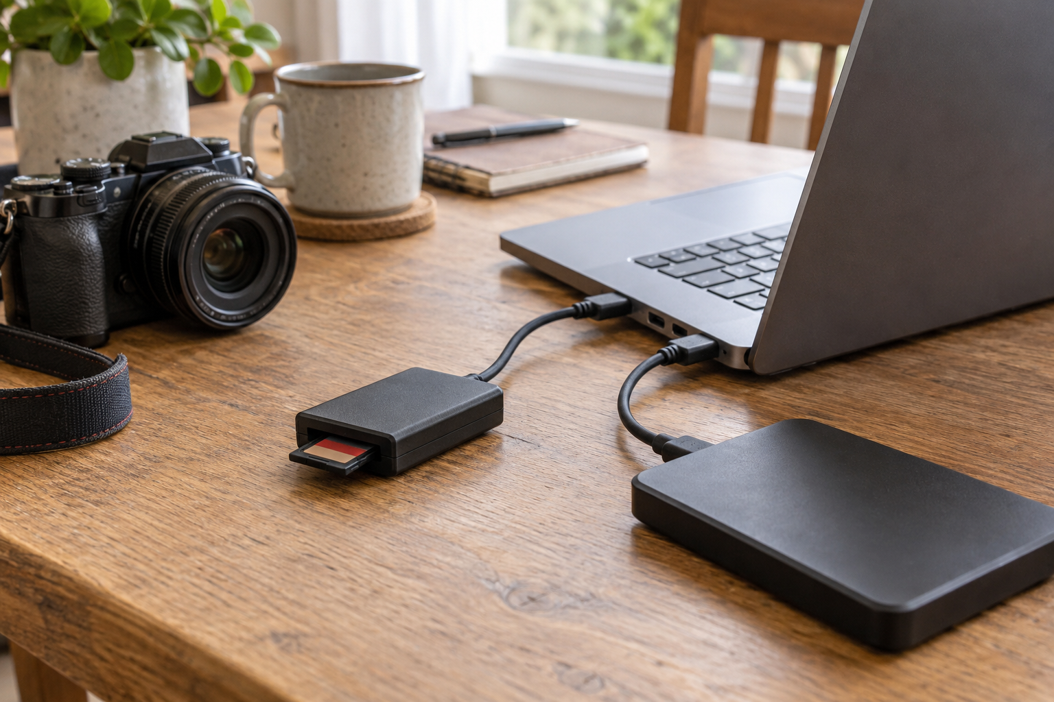 Camera memory card in a reader connected to a laptop beside an external drive.