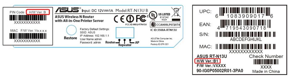 ASUS example labels highlighting hardware version on a router and its box.