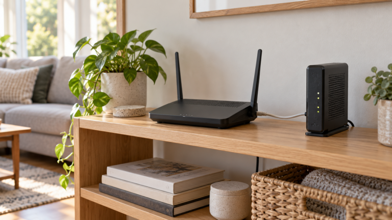 Black home router and separate modem on an open wooden shelf in a sunlit living room.