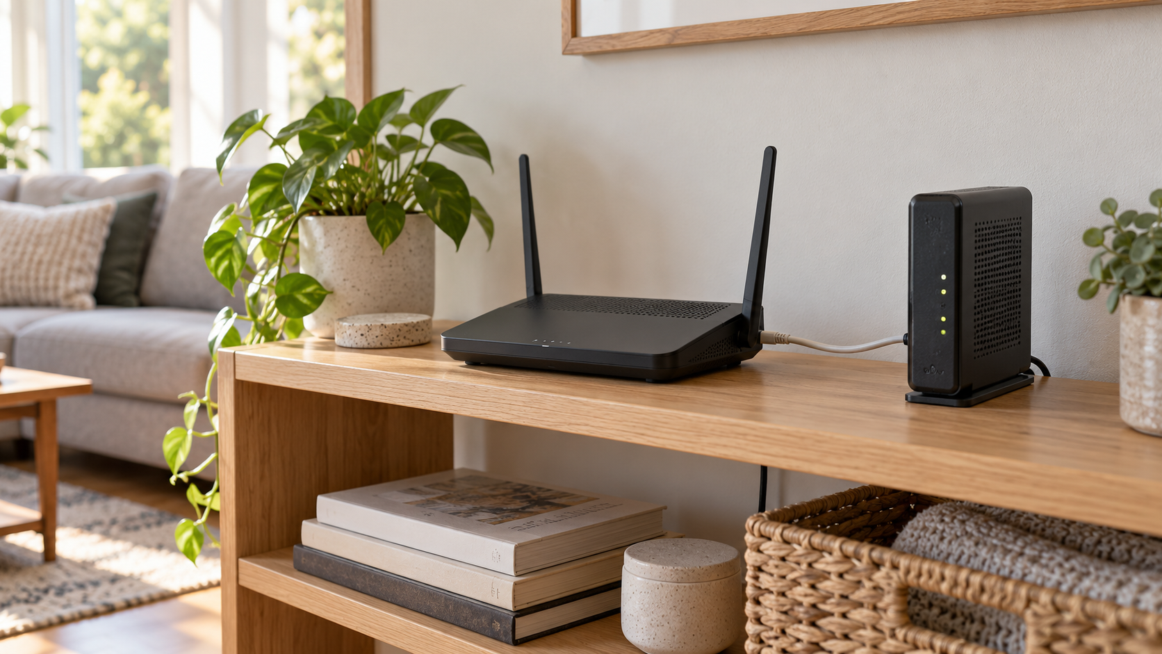 Black home router and separate modem on an open wooden shelf in a sunlit living room.