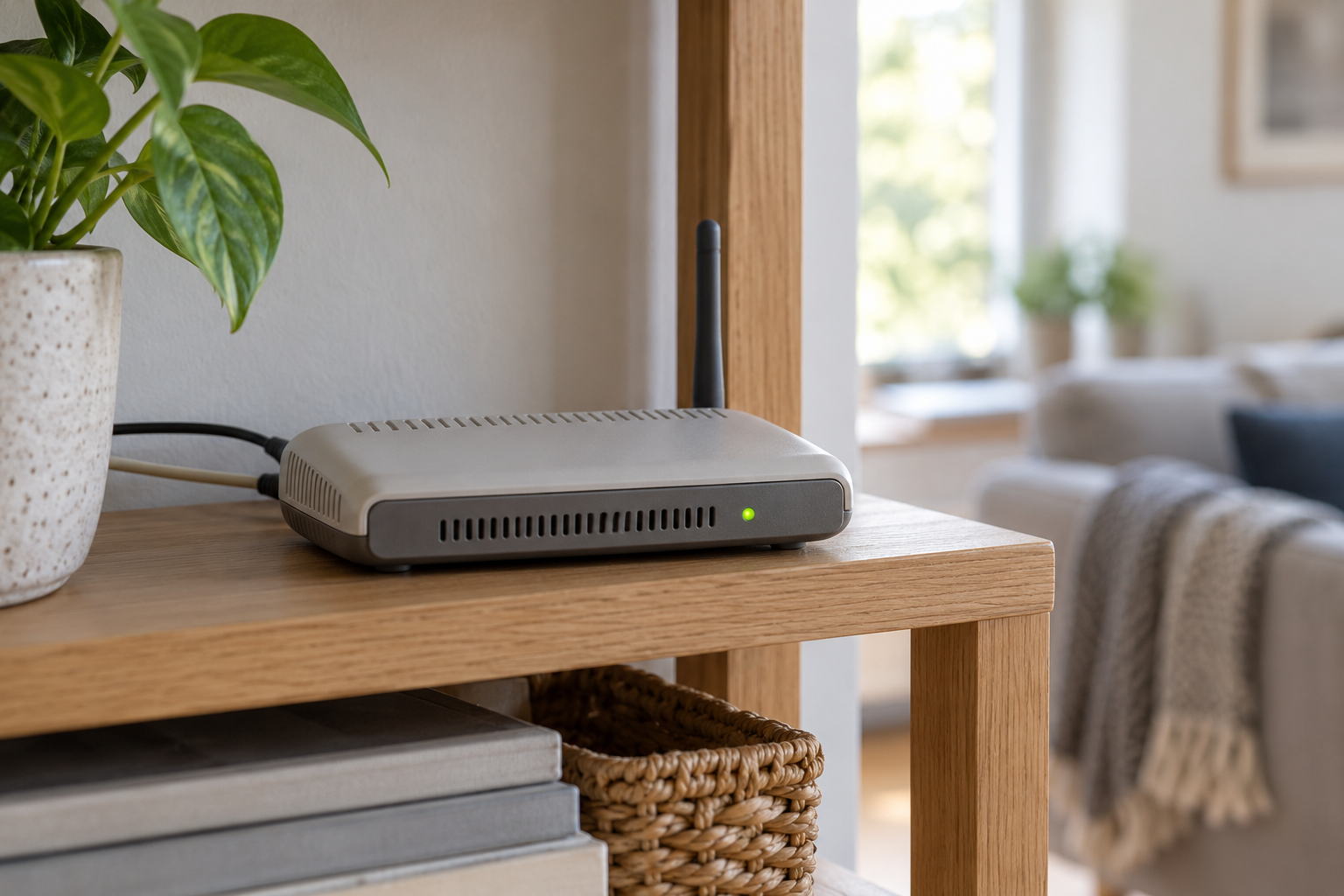 Router security illustration showing a powered older router with connected cables on an open shelf.