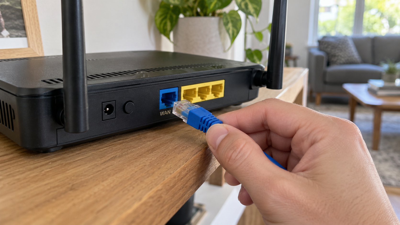 Hand aligning a blue Ethernet plug with a separate router’s blue WAN port.