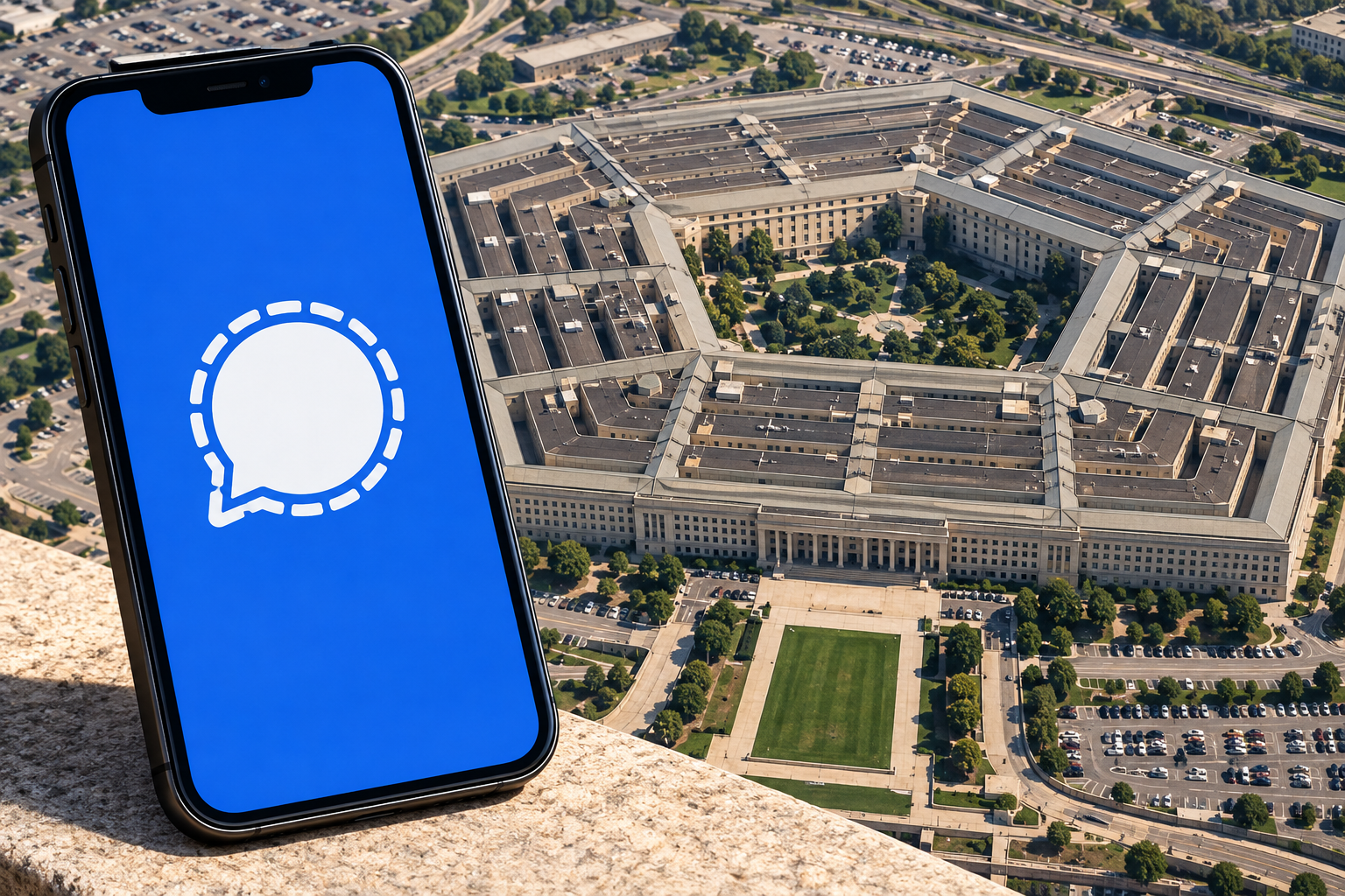 Editorial composite linking secure messaging apps with the Pentagon through a phone displaying the Signal mark.