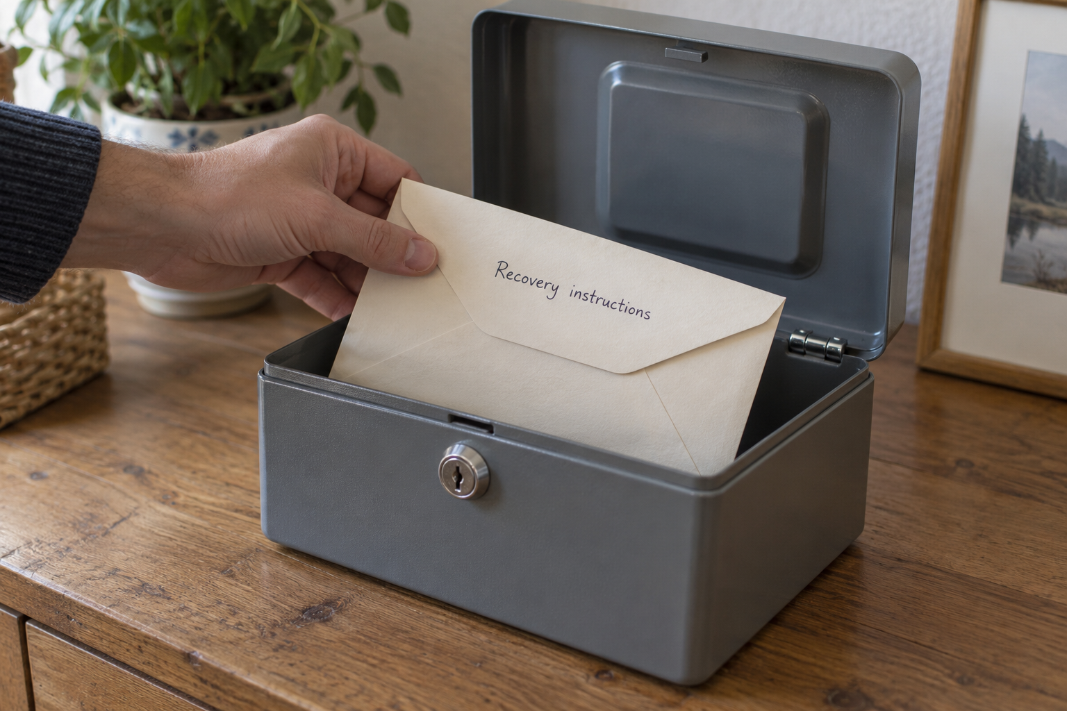 An adult hand places a sealed envelope labeled Recovery instructions into an open metal lockbox.