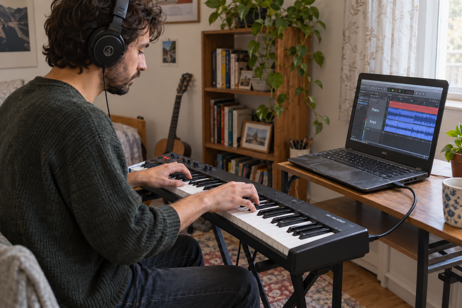 A musician plays a compact keyboard beside an older laptop displaying audio tracks.