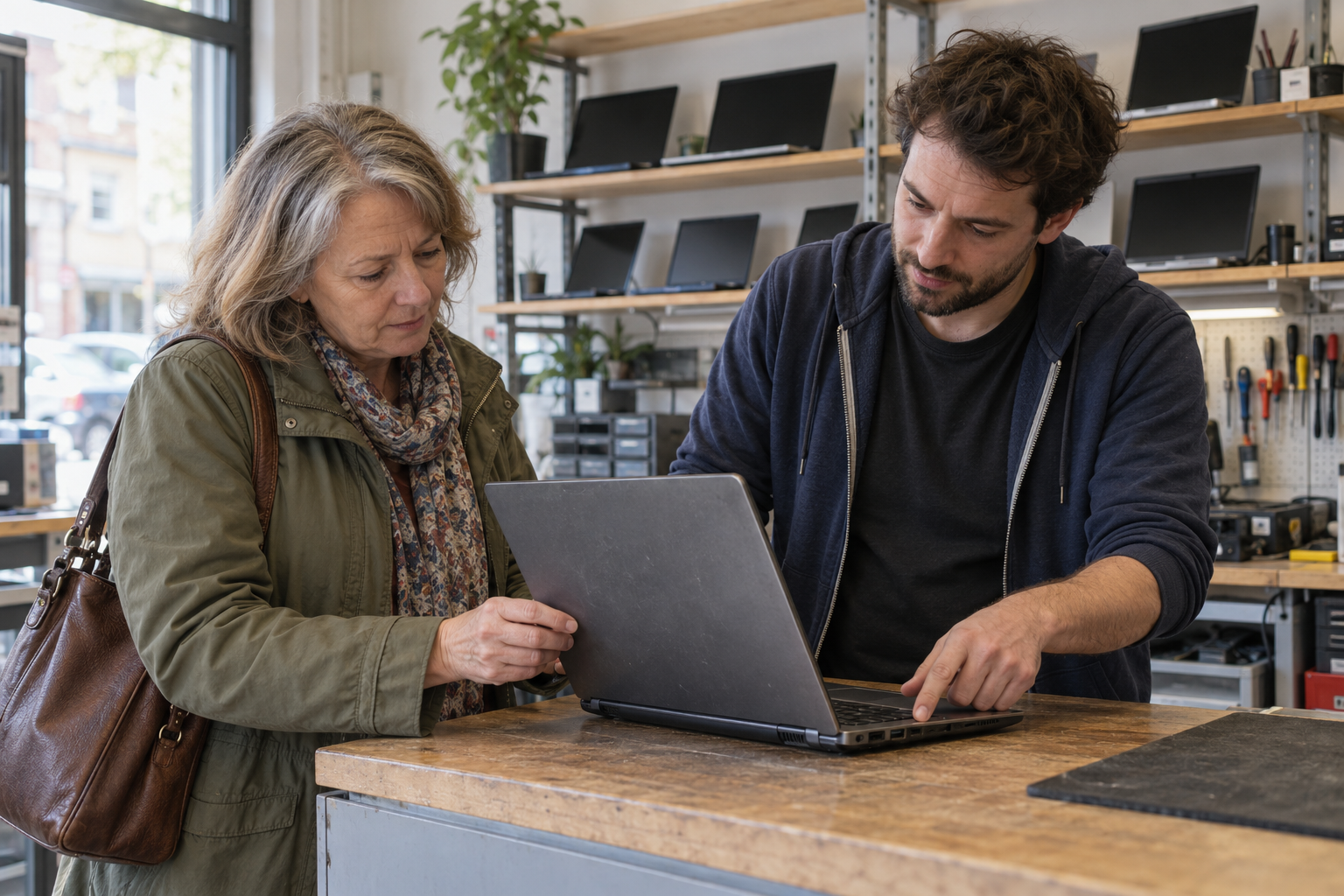 A customer and shop technician inspect a used laptop together on a computer-shop counter.