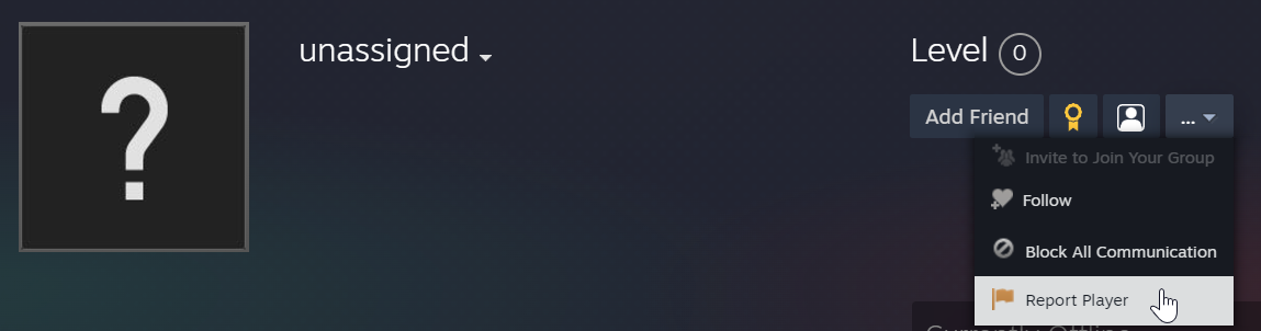 Steam's official profile-menu example with Report Player highlighted below Block All Communication.