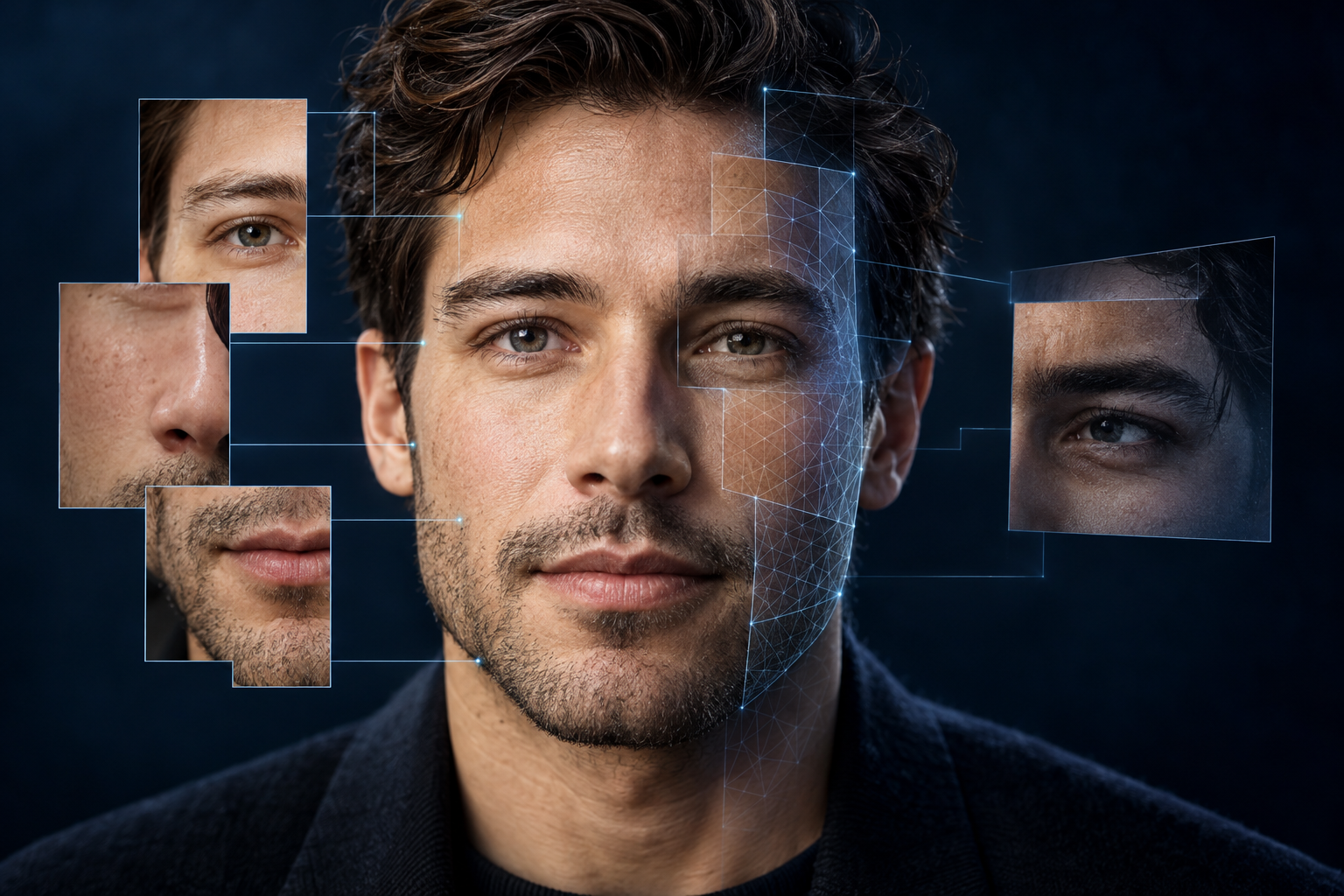 Concept illustration of a professional-looking digital portrait assembled from facial image fragments.