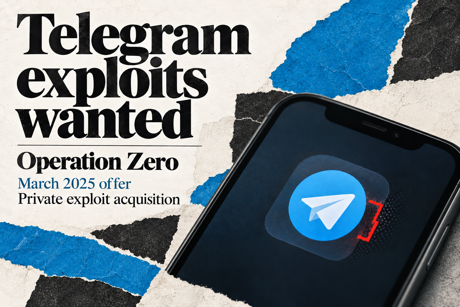 Editorial collage reading Telegram exploits wanted, Operation Zero and March 2025 offer, beside a phone bearing the Telegram mark.