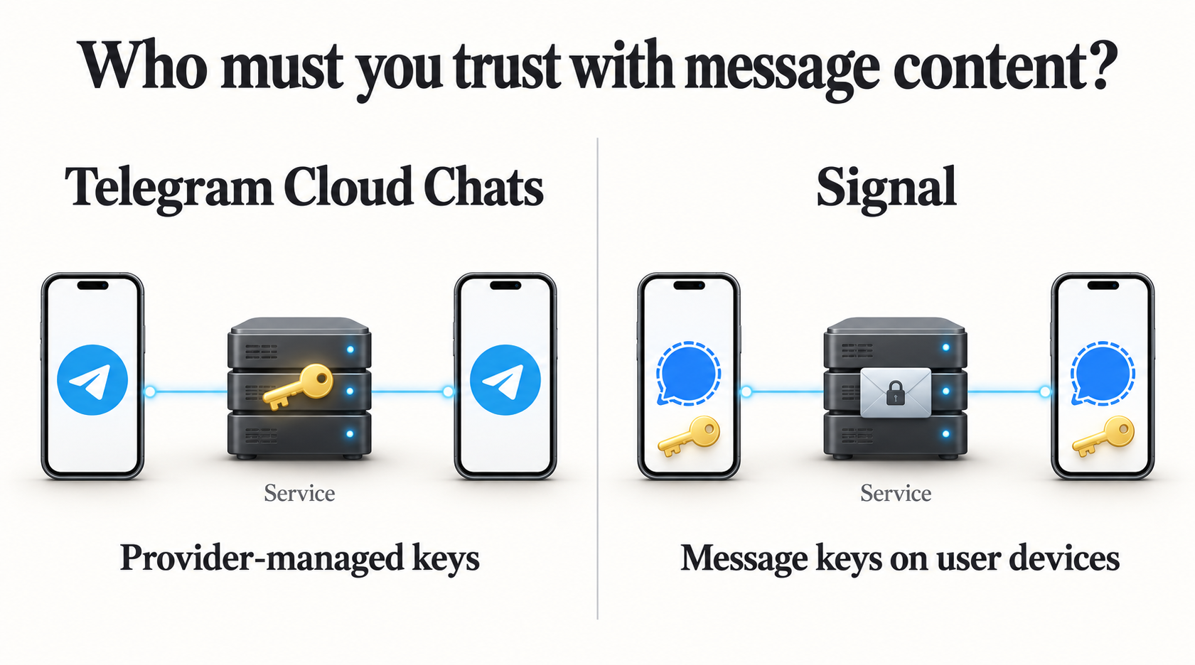 Comparison of Telegram Cloud Chats with message keys at the service and Signal with message keys on both user devices.
