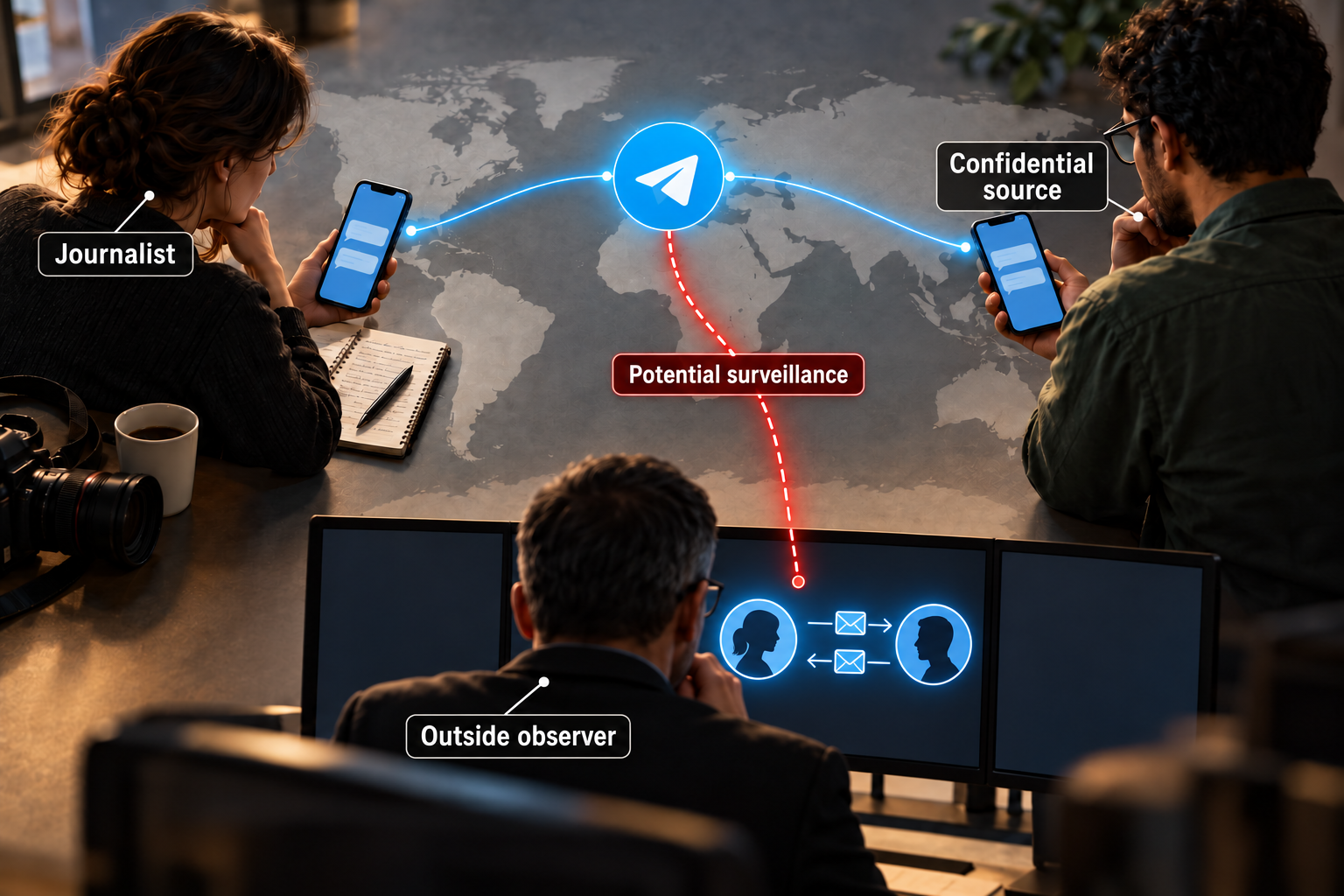 Editorial composite labeling a journalist, confidential source and outside observer, with their conversation linked by a branch labeled Potential surveillance.