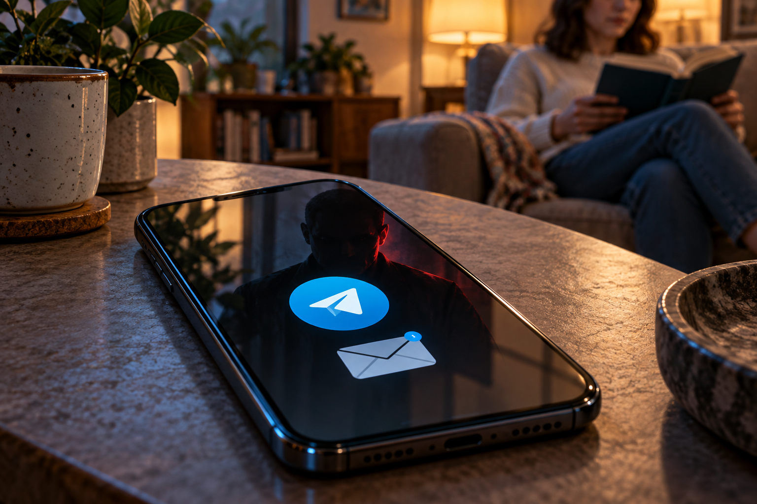 Editorial illustration of an untouched phone displaying a Telegram mark and a closed incoming message, with an ominous stranger reflected in its glass while the owner reads a book in the background.