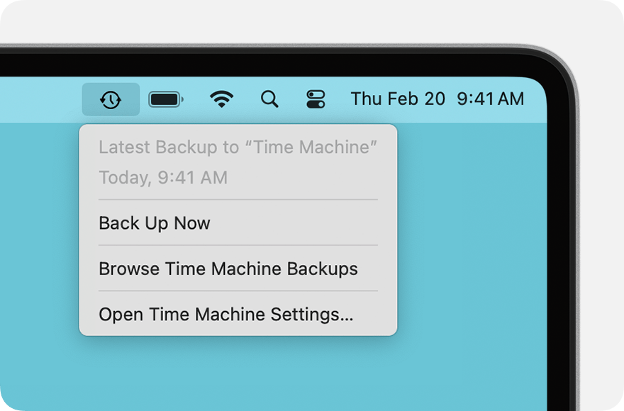 Apple's Time Machine menu showing the latest backup date and time.