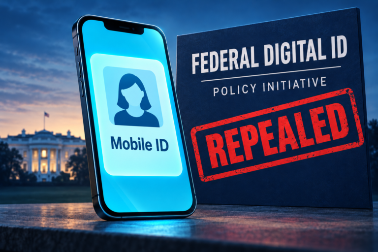 Concept illustration of the Trump digital ID repeal: a mobile ID on an active phone beside a federal digital-ID policy placard stamped Repealed.